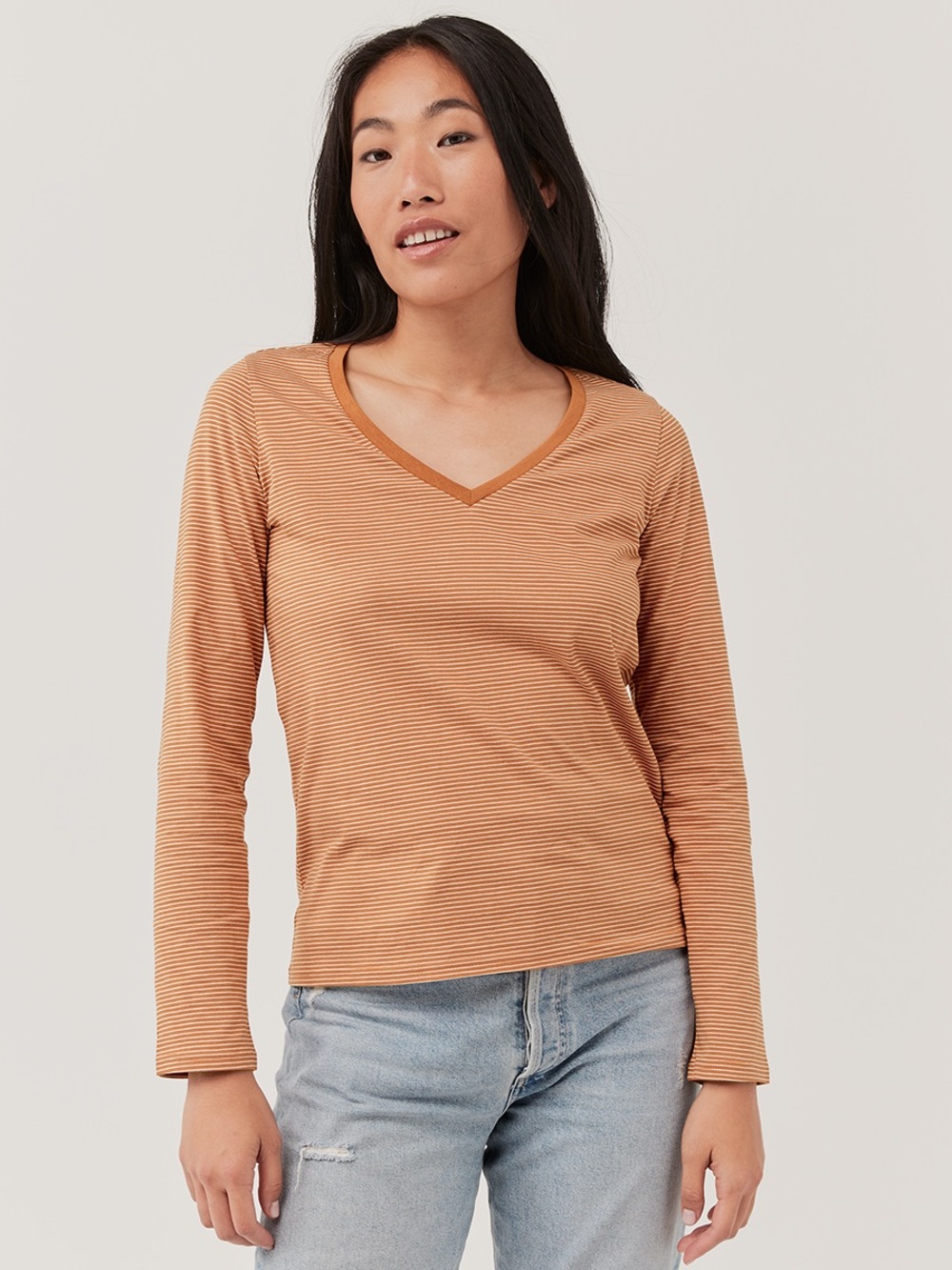 ‼️NWOT: Pact Organic Cotton Orange Striped Long Sleve V-Neck T-Shirt - M
